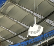 One of the Nexo line array sub structures is hoisted 45m towards its pre determined position