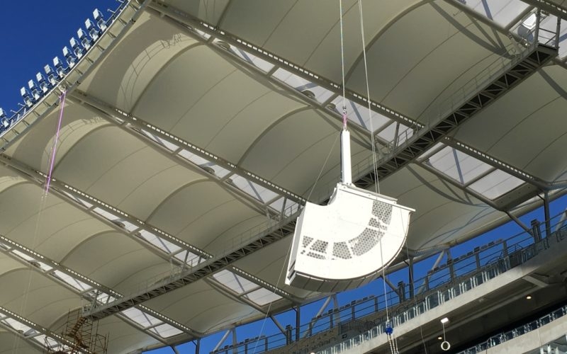 One of the Nexo line array sub structures is hoisted 45m towards its pre determined position